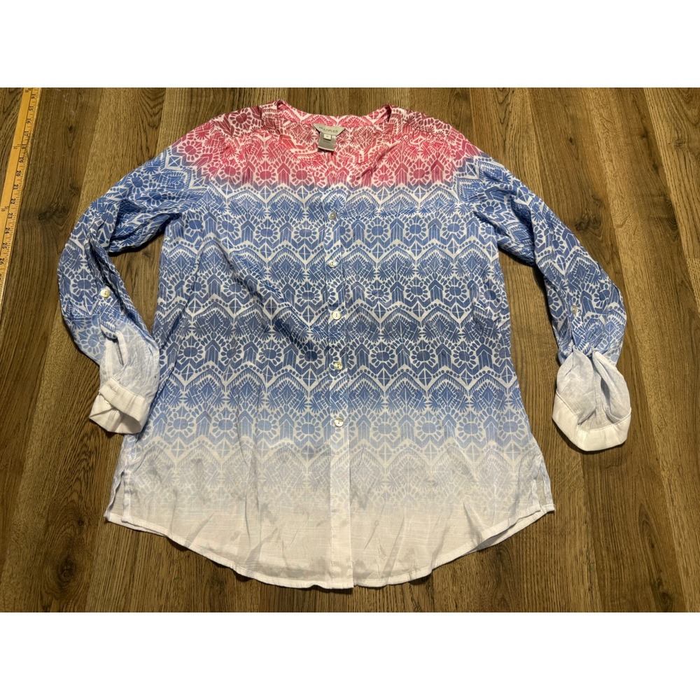 Multiples Womens Size M Blue Pink Button Down Roll Tab Top Geometric Ombre